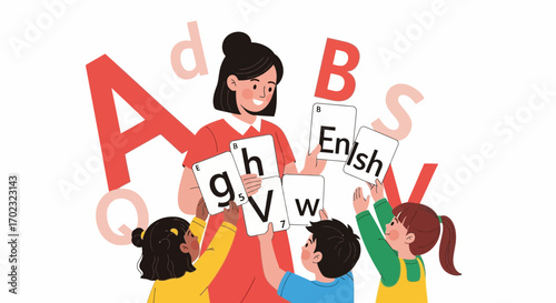 Teacher Teaching English to Elementary Students Using Flash Cards for Education,