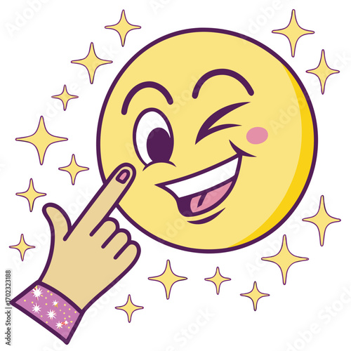 Playful winking emoji face with sparkling glitter details on a finger conveying a sense of fun celebration and a touch of magic