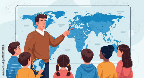 Teacher teaching geography to a group of students using a map in the classroom