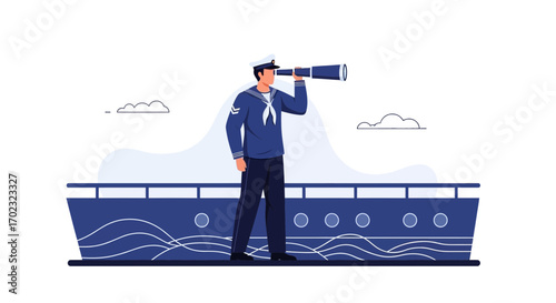 Sailor With Monocular Gazing Across Sea From Deck Of Boat, Sky in Background