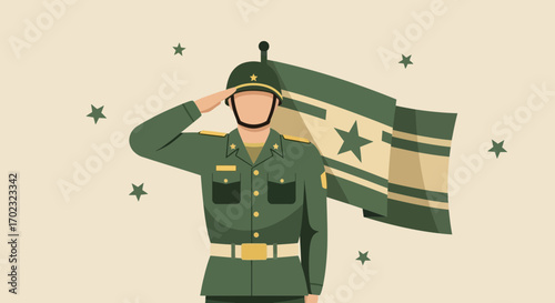 Saluting Soldier With Flag, Heroic Representation, and Loyalty With Military Theme Vector