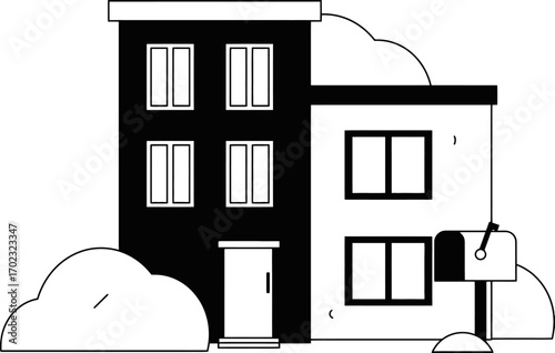 Modern monochrome house illustration with a mailbox, perfect for real estate marketing, urban planning, or neighborhood development projects - simple, clean, and contemporary design elements included