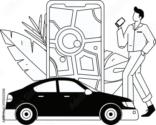 Stylish car service app illustration with modern navigation map, a driver, and tropical leaves, perfect for transportation, technology, and travel themes, conveys convenience and elegance