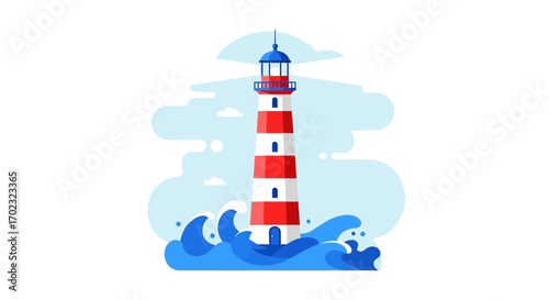 Scenic Lighthouse Standing Tall Amidst Ocean Waves Under a Clear, Light Blue Sky