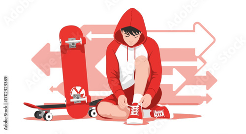 Teen Prepares For Skateboarding Adventure: A Colorful, Dynamic, And Action-Oriented Scene