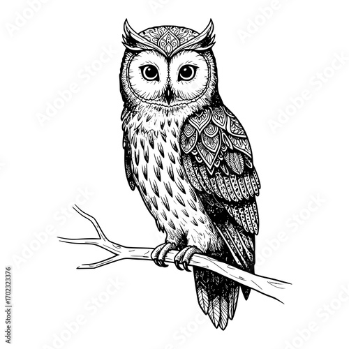 Intricate owl illustration perched on a branch, blending nature and art, perfect for mystical themes, creative projects or wildlife designs, originally a scalable vector