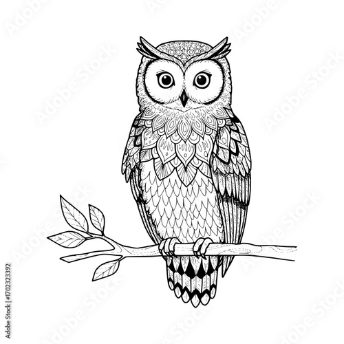 Detailed owl design perched gracefully on a branch, a stunning wildlife illustration for tattoo art, coloring pages, or nature-themed designs, originally vector