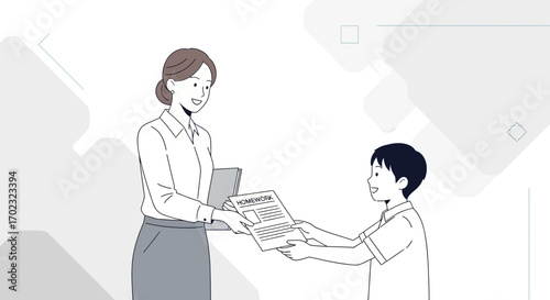 School Teacher Delivering Homework Assignment To Student Pupil In Clean And Modern Illustration
