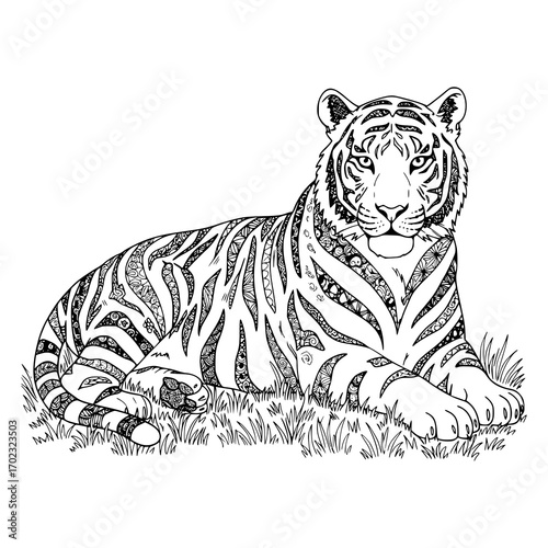 Majestic tiger detailed line art resting calmly in grass, a striking wildlife illustration for coloring books or educational animal prints, vector origin