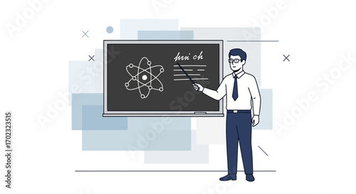 Science Teacher Explaining Atomic Structure on Blackboard in Modern Illustration Style