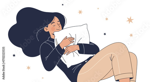 The Peaceful Embrace of Sleep: A Woman Dreaming with a Pillow and Starry Background