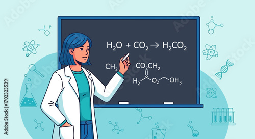 Science Teacher Explaining Chemical Formulas On a Board In a Classroom Illustration