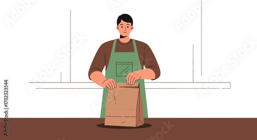 The Person Holds The Paper Bag With Prepared Food Ready To Be Delivered