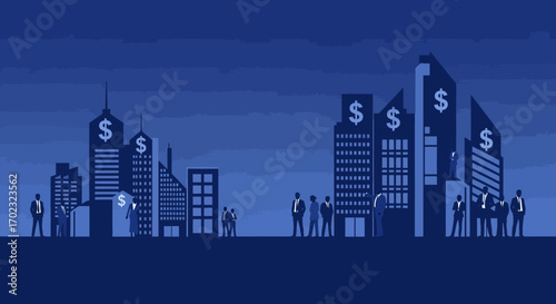 Silhouettes of business people stand in front of tall office buildings adorned with dollar signs representing financial prosperity and corporate growth in a nighttime city scene