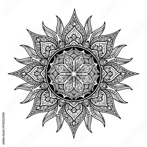 Intricate floral mandala design for coloring pages, meditative art, and creative projects needing a touch of zen and mindfulness, originally a scalable graphic