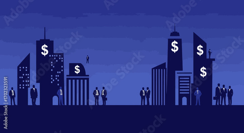 Silhouette of business people standing in front of skyscrapers with dollar signs displayed on their windows in a dark blue urban landscape symbolizing financial growth and corporate success at night