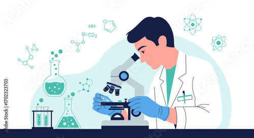 Scientist Analyzing Sample Under Microscope in Chemical Laboratory Illustration