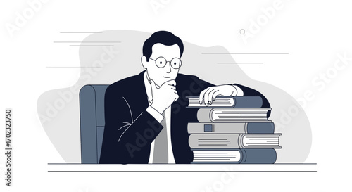 Thoughtful Scholar Pondering Ideas While Leaning on Volumes of Knowledge