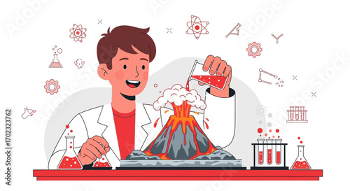 Scientist conducting a volcanic eruption experiment in a laboratory setting