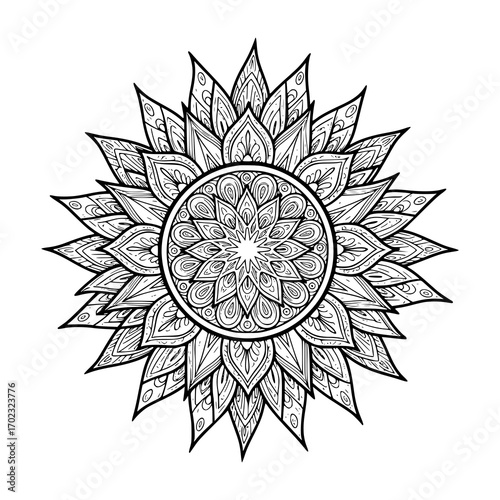Intricate mandala design radiating peace and harmony, perfect for coloring books, spiritual art, meditation practices, or elegant pattern backgrounds