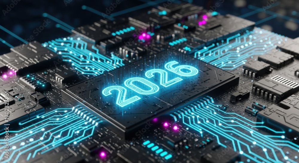 Fototapeta premium Futuristic circuit board with glowing elements representing year 2026 