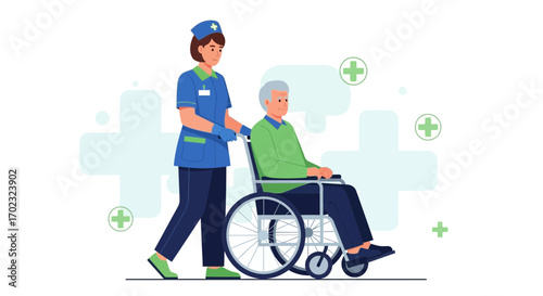Nurse Assisting Senior Patient in Wheelchair Through Healthcare Environment