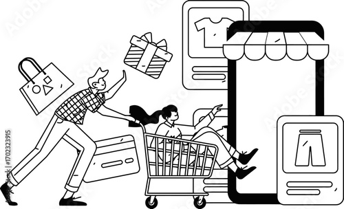 Excited shoppers enjoy seamless online shopping experience with virtual storefronts and convenient credit card payments, celebrating retail therapy with a fun, modern design