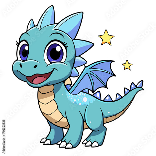 Cartoon baby dragon with sparkling scales, cheerful expression, playful pose, cute fantasy character, transparent background