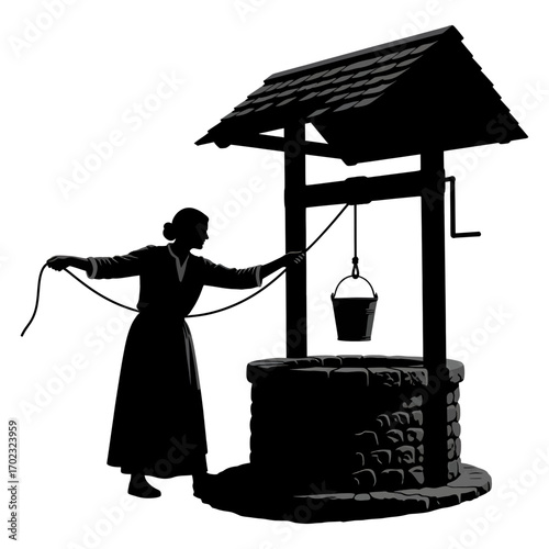 Woman drawing water from a well silhouette isolated on white background