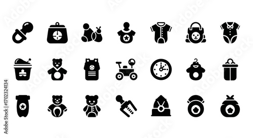 A Collection of Black and White Icons Representing Baby Products and Toys Such As Pacifiers Bottles Diaper Bags Teddy Bears and a Mars Rover