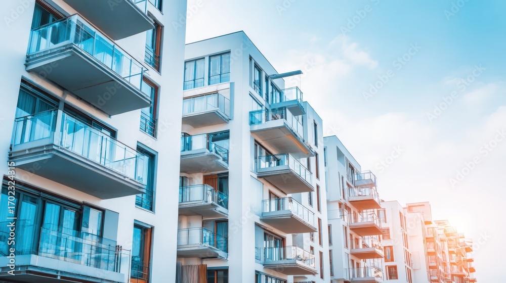Obraz premium Modern Residential Building Exterior with Balconies and Contemporary Design under a Clear Blue Sky, Offering Urban Living