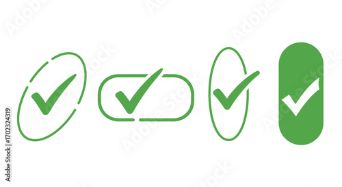 Collection of Green Checkmark Icons in Various Shapes and Styles Representing Approval Confirmation Success and Completion of Tasks