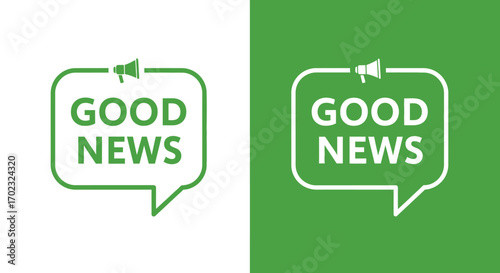Announcing Wonderful and Inspiring Good News with a Megaphone Symbol in a Speech Bubble Over a White and Green Background