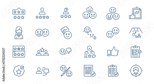 Illustrative Collection of Customer Feedback and Satisfaction Icons Demonstrating Diverse Emotions and Opinions