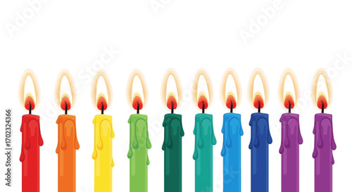 A row of colorful birthday candles lit up with flames against a white background illustrating celebration and joy
