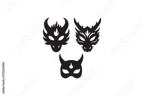 Demon Dragon Devil Mask Silhouette Set Evil Monster Face Mask Stencil Designs