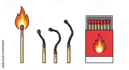 Illustrating the stages of a burning match with a box of unlit matches showcasing ignition and combustion progression