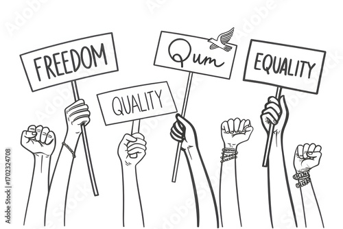 Minimalist Line Drawing of Raised Hands Holding Protest Signs