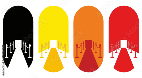 Vibrant Colored Red Carpet Entryways with Stanchions and Ropes Leading to Brightly Lit Doors Showcasing Exclusive Access and Grand Entrances