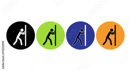 Visual Representation of a Person Pushing Against a Vertical Pole Demonstrating Force and Resistance Across Different Colored Circular Backgrounds