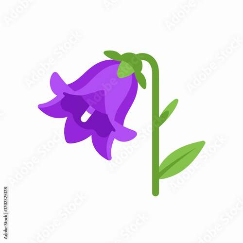 A single purple bellflower with a green stem and leaves on a white background.
