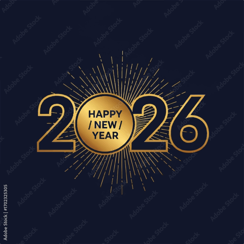 Fototapeta premium 2026 Happy New Year graphic design with gold accents and sunburst effect.
