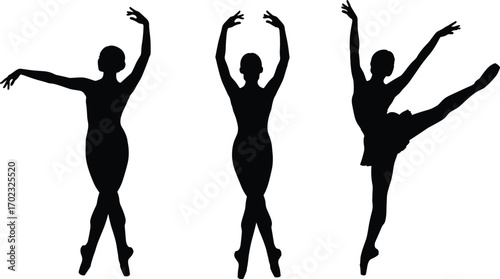 Ballet dancer silhouette set, graceful poses in motion, black and white vector illustration, minimal design, elegant movement, dance icon