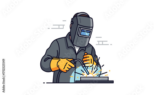 Skilled Welder Working on Metal Piece with Bright Sparks Flying