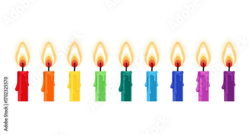 A vibrant array of lit birthday candles in a rainbow of colors illuminating a celebratory occasion with joy and festive cheer perfect for any party decoration or greeting card
