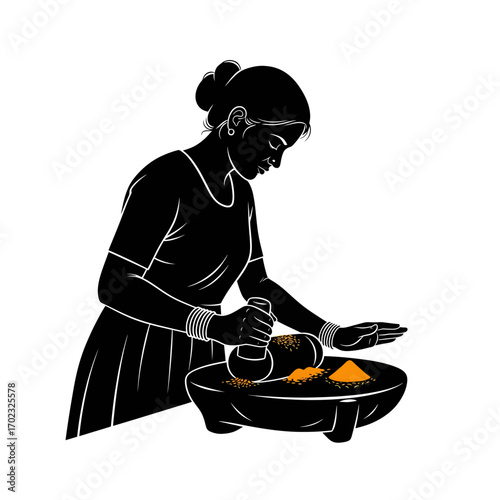 Indian woman grinding spices in a mortar and pestle silhouette isolated on white background