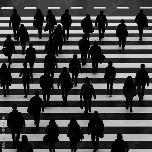 Crowd of people crossing street on zebra crossing silhouette isolated on white background