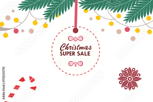 Festive Season Super Sale Promotion with Holiday Ornament, Candy Cane, and Evergreen Branches on Transparent Backdrop