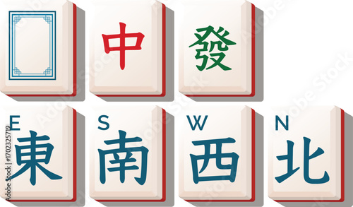 Isometric mahjong winds and dragons tile set - vector illustration