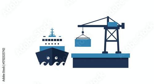 Global shipping industry container logistics in bustling port operations with cargo ship and heavy duty crane transferring goods
